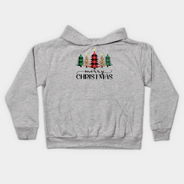 Merry Christmas Cheetah and Buffalo (Red & Green) Plaid Design Kids Hoodie by OTM Sports & Graphics